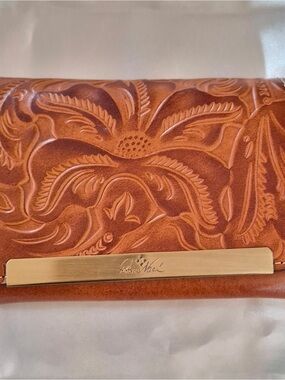Patricia Nash Tan Tooled Floral Leather Clutch with Gold Bar